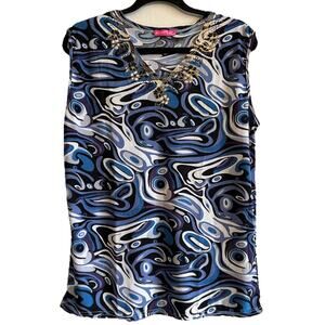 Blue Sleeveless coastal Blouse Shirt Women Plus Size 1X Gold Trim XL